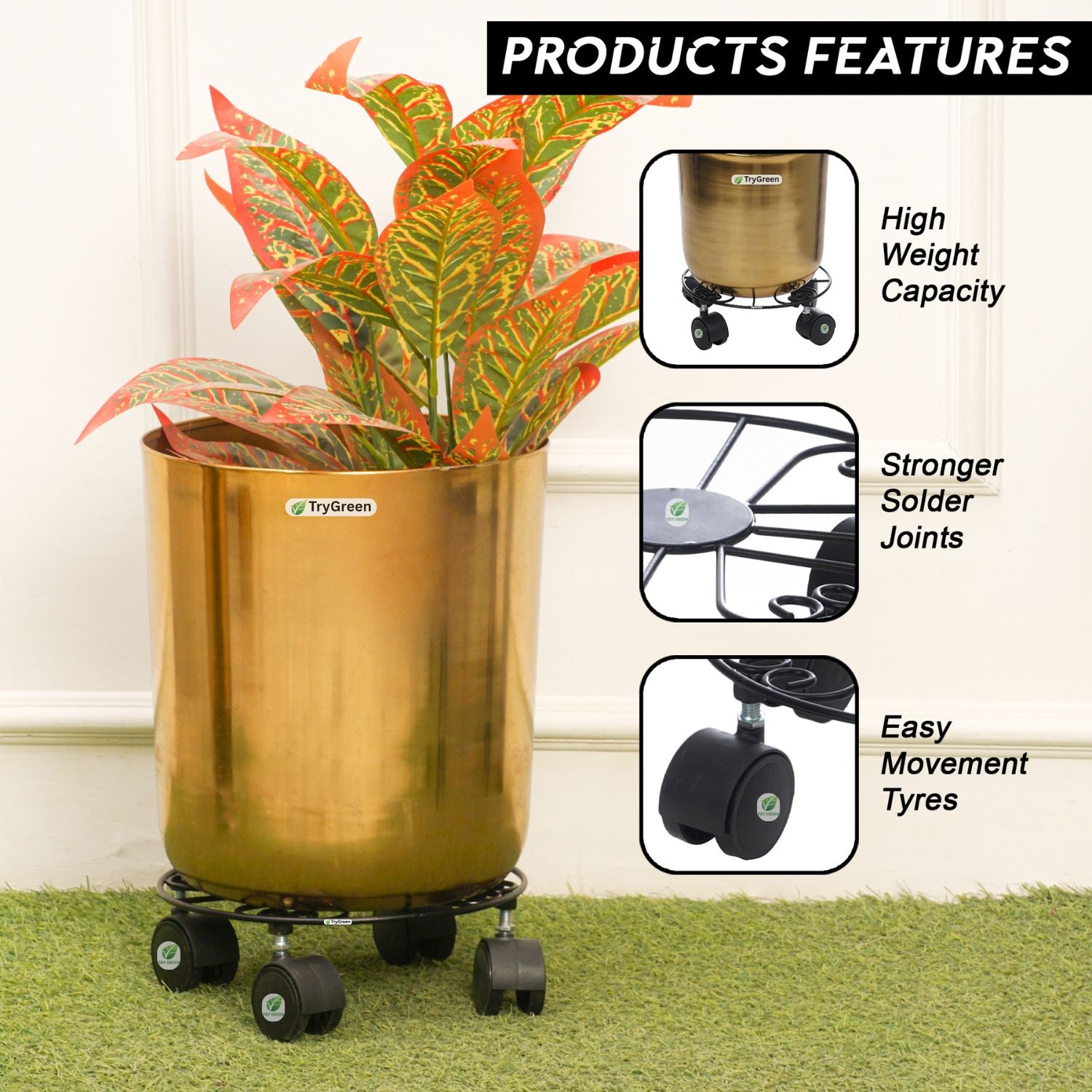 TryGreen Fyra Wheel Rolling Plant Stand for Planters