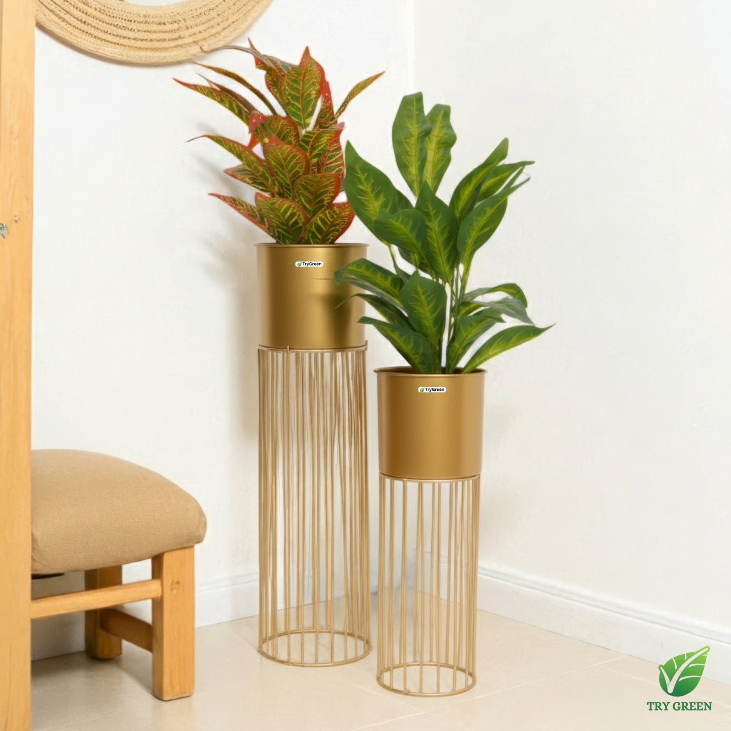 TryGreen- Tumble Stylish Pots with Stands for Elegant Spaces(Gold)