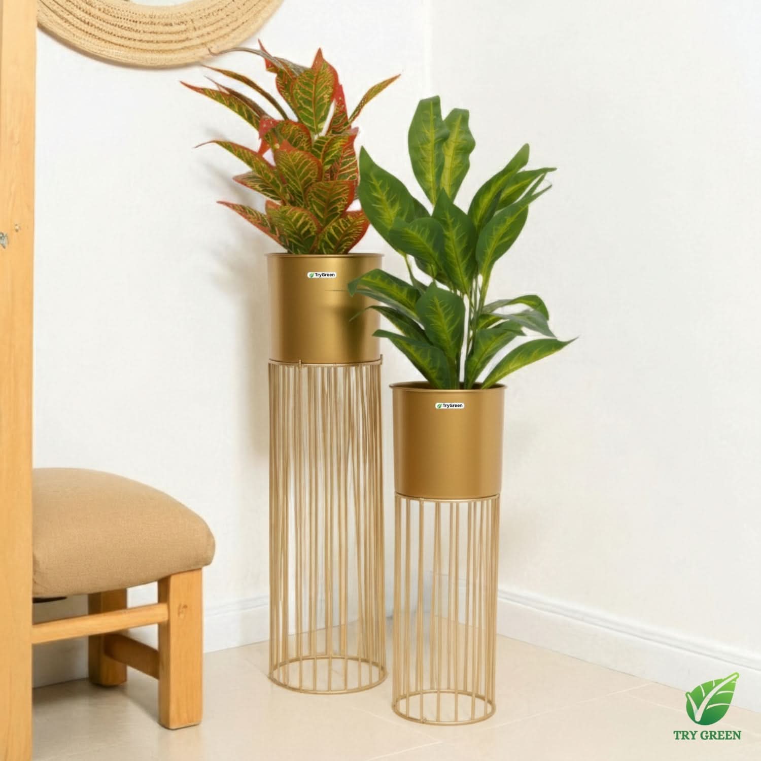 TryGreen- Tumble Stylish Pots with Stands for Elegant Spaces(Gold)