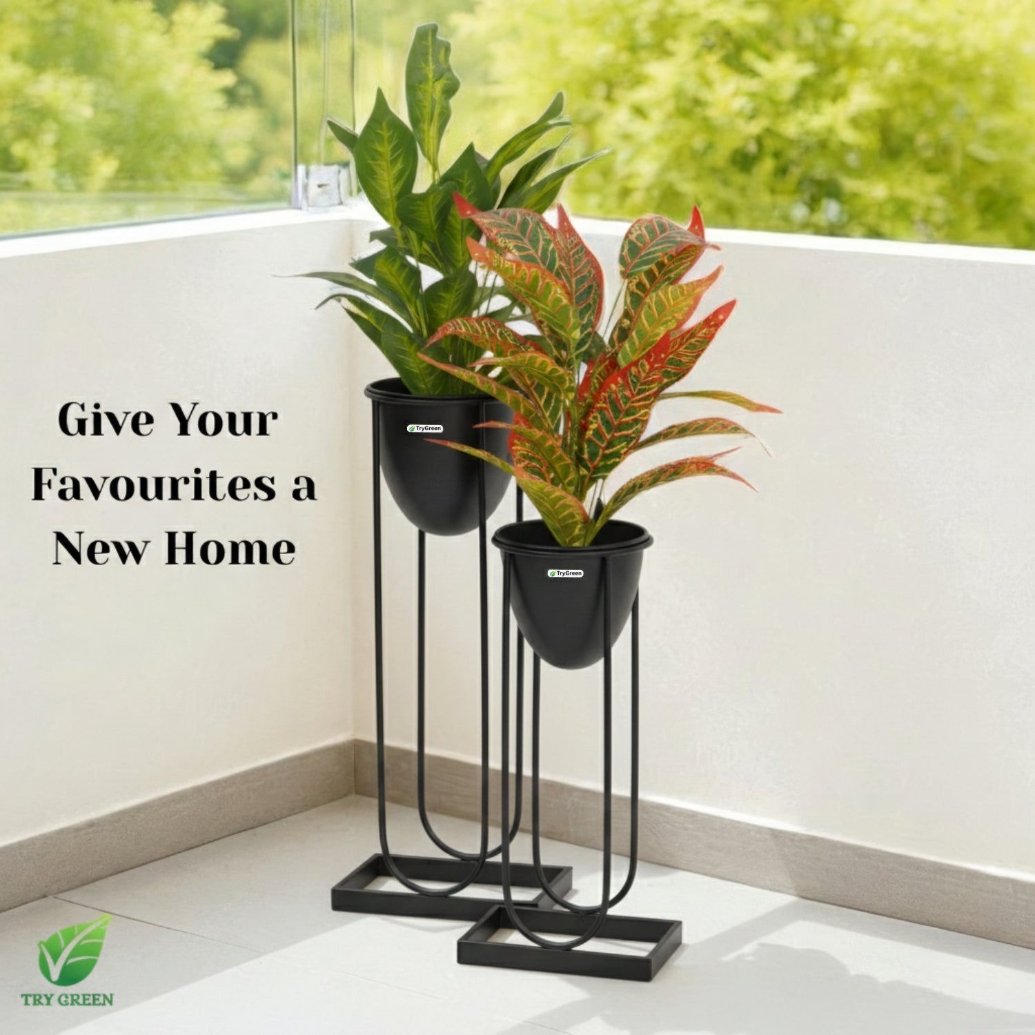 TryGreen- Flora Stylish Pots with Stands for Elegant Spaces(Black)