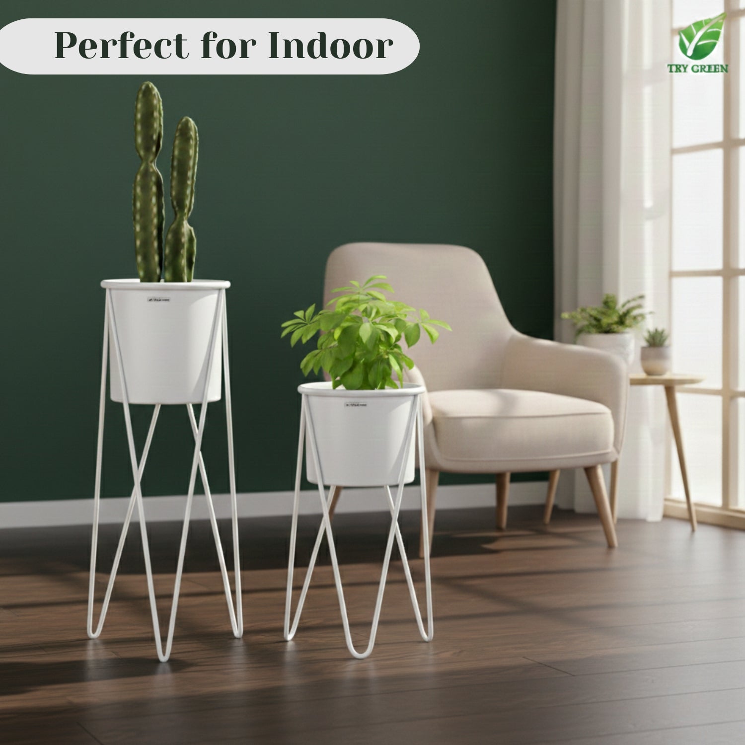 TryGreen- Strin Stylish Pots with Stands for Elegant Spaces(White)