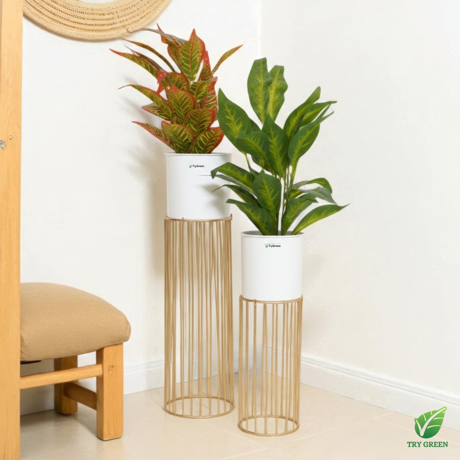 TryGreen- Tumble Stylish Pots with Stands for Elegant Spaces(White)